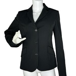 Benetton Size US 6 Black White Pinstripe Blazer Italy Stretch